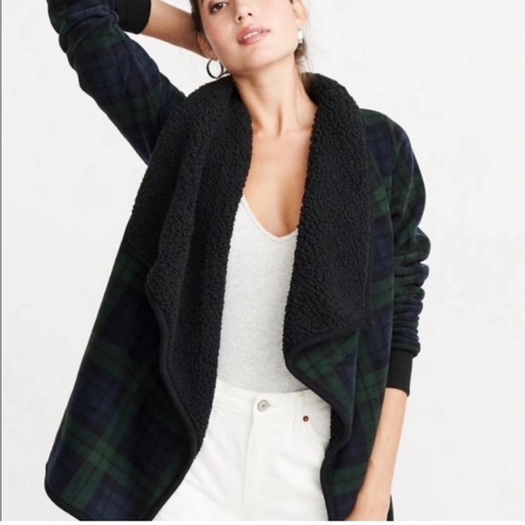 Abercrombie Plaid Sherpa Jacket Shacket Green Blue Fleece Open Front A&F - Picture 1 of 9